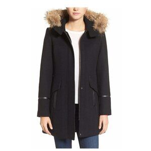 $600 Trina Turk Riley Wool blend Genuine Coyote Fur Trimmed Duffel Coat black 2